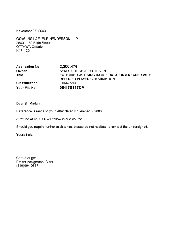 Document de brevet canadien 2200476. Correspondance 20031126. Image 1 de 1