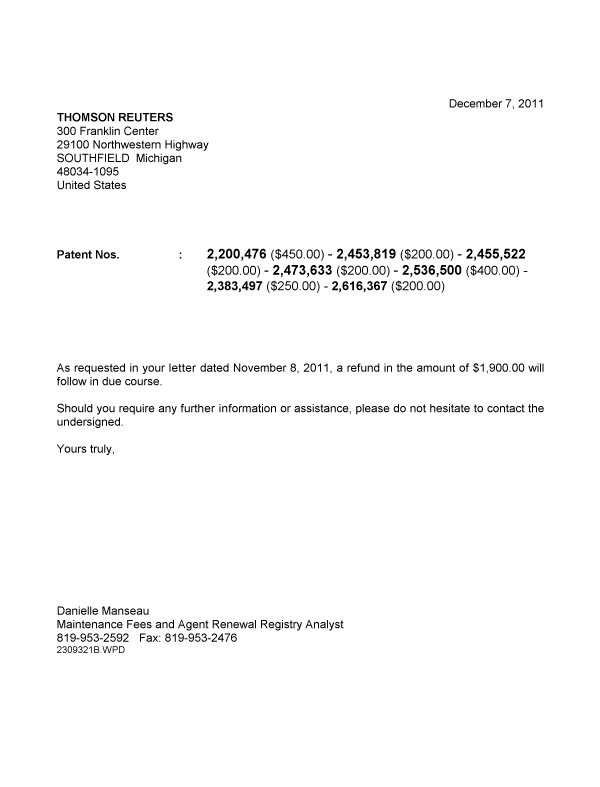Document de brevet canadien 2200476. Correspondance 20111207. Image 1 de 1