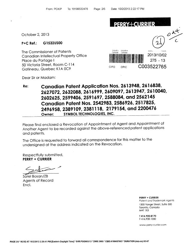 Document de brevet canadien 2200476. Correspondance 20131002. Image 1 de 5