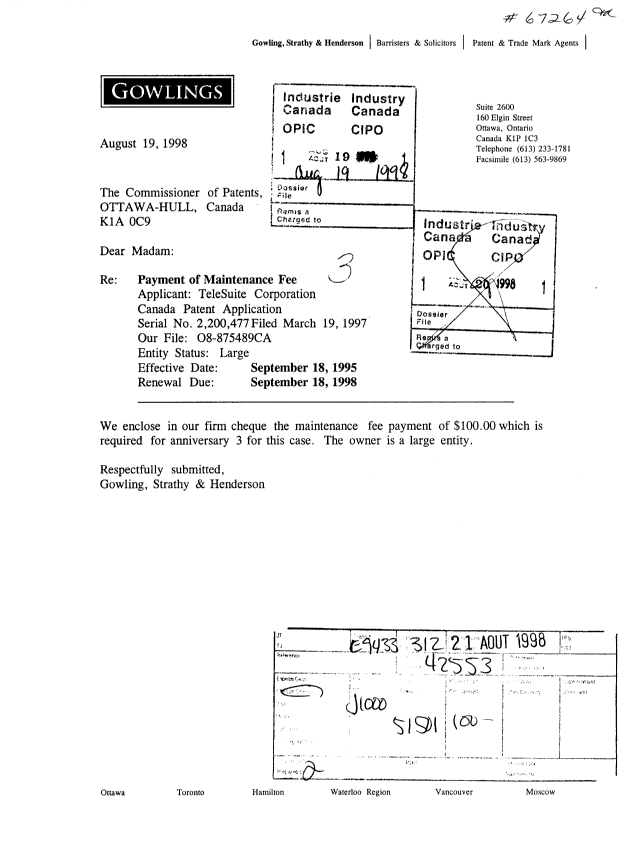 Canadian Patent Document 2200477. Fees 19980819. Image 1 of 1