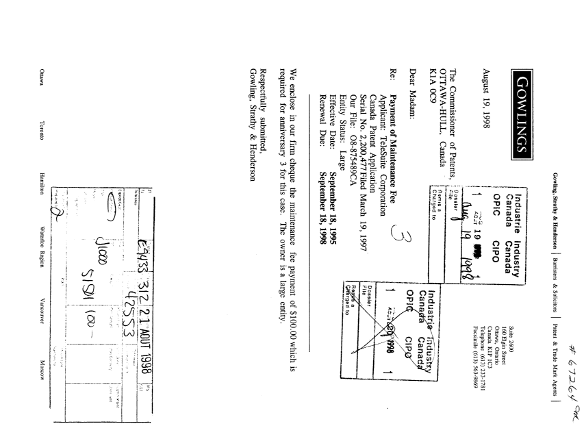 Canadian Patent Document 2200477. Fees 19980819. Image 1 of 1