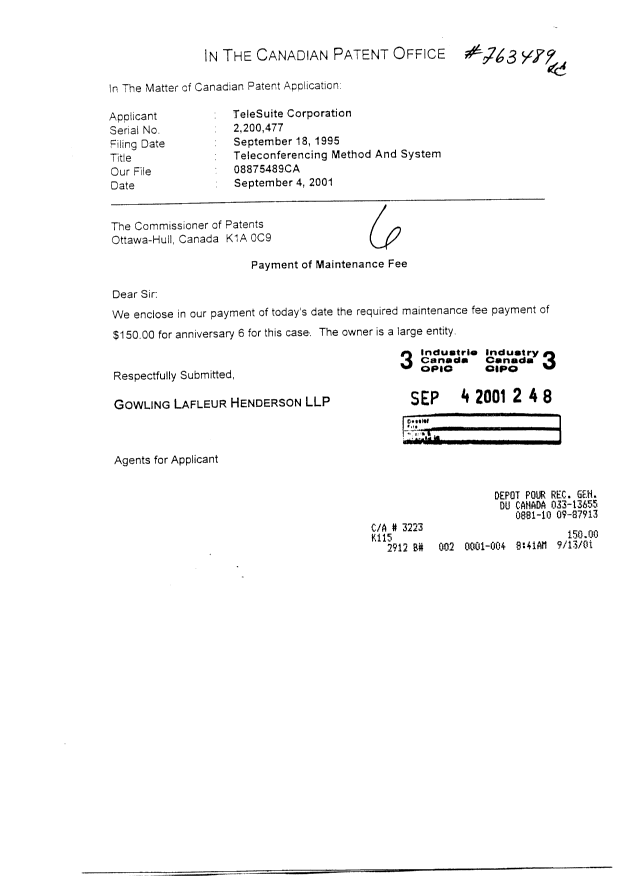 Document de brevet canadien 2200477. Taxes 20010904. Image 1 de 1