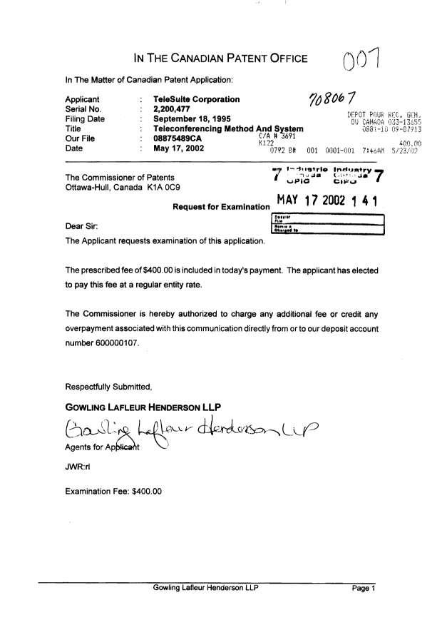 Canadian Patent Document 2200477. Prosecution-Amendment 20020517. Image 1 of 1