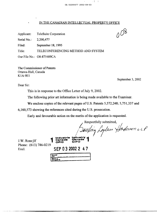 Document de brevet canadien 2200477. Poursuite-Amendment 20020903. Image 1 de 1