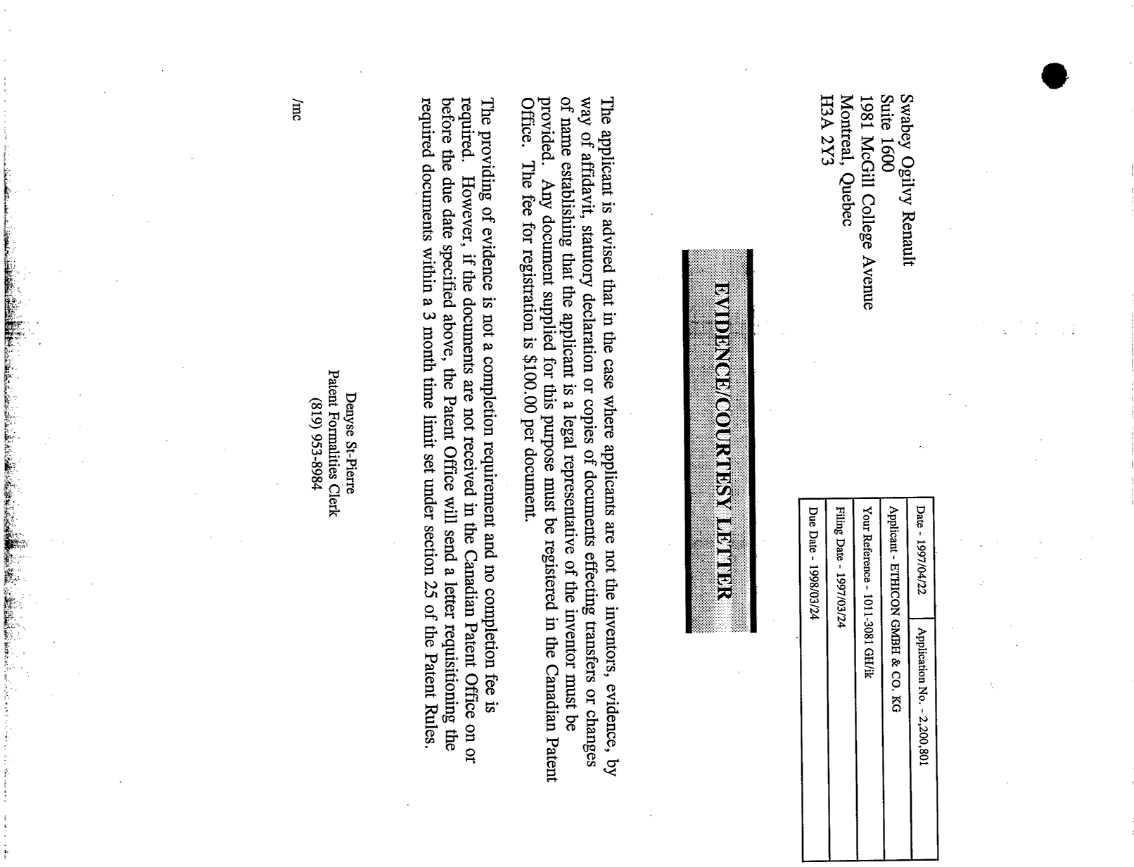 Document de brevet canadien 2200801. Correspondance 19961222. Image 1 de 1