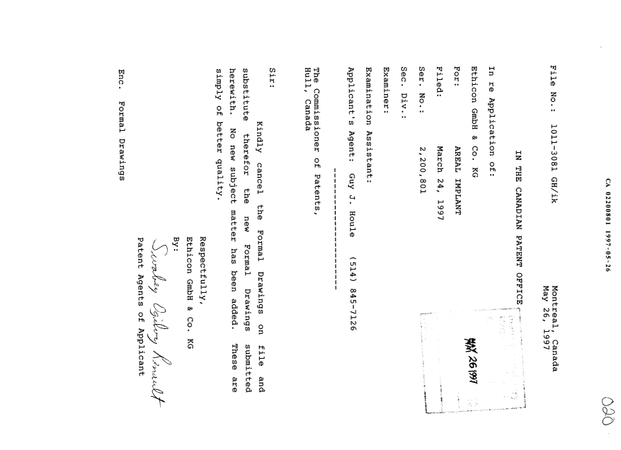 Document de brevet canadien 2200801. Correspondance 19961226. Image 1 de 7