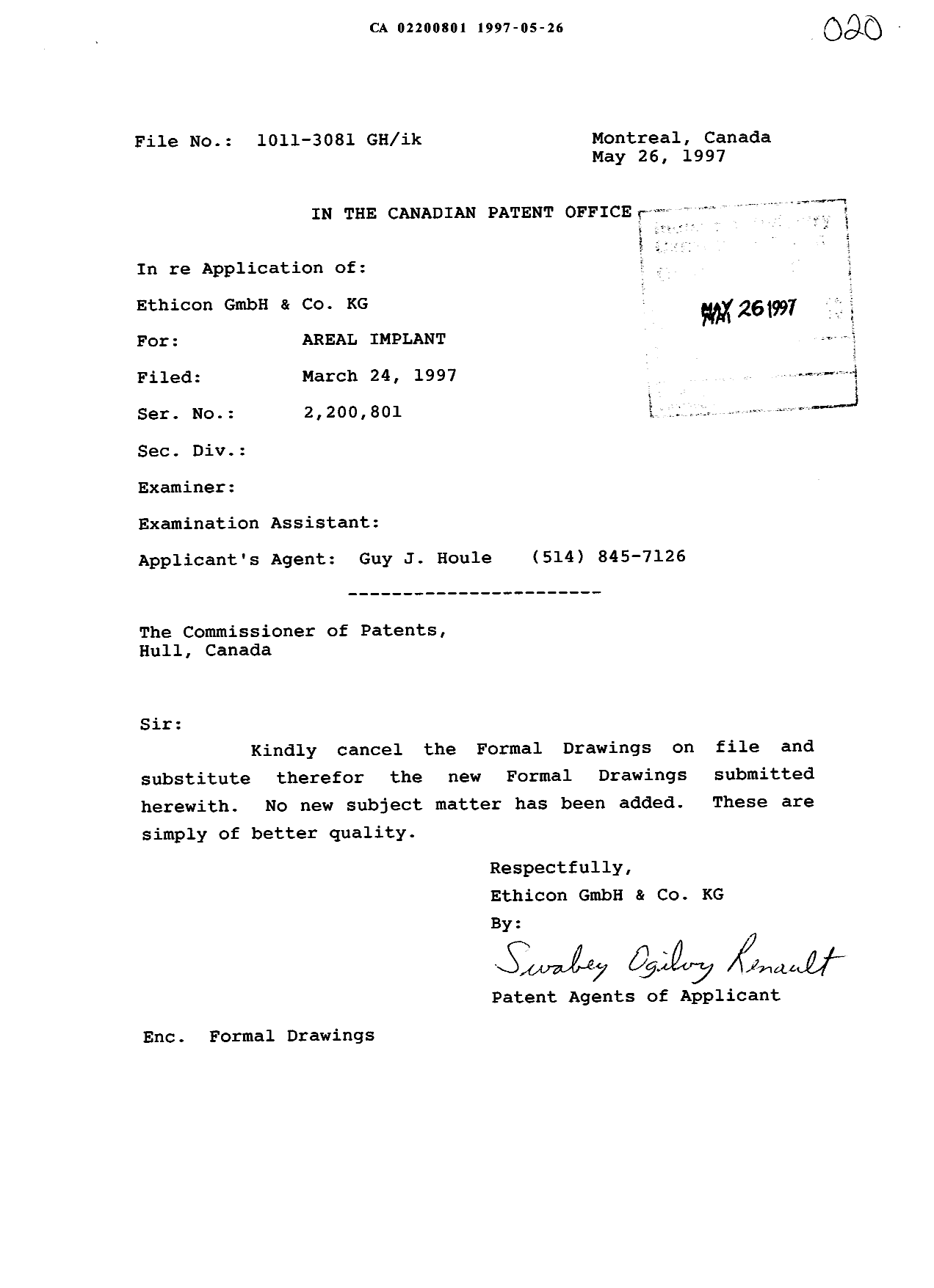Document de brevet canadien 2200801. Correspondance 19961226. Image 1 de 7