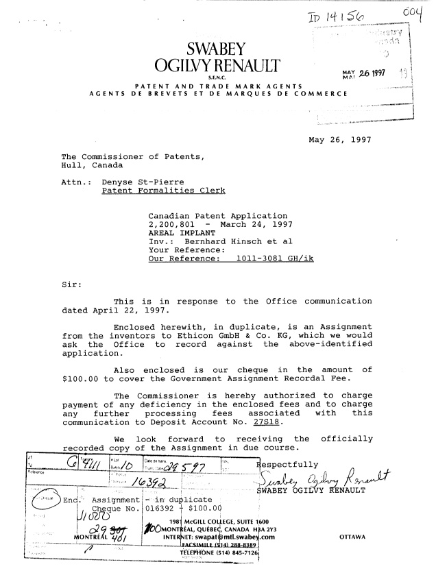Canadian Patent Document 2200801. Assignment 19970526. Image 1 of 2
