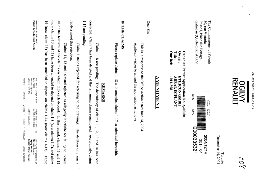 Canadian Patent Document 2200801. Prosecution-Amendment 20031214. Image 1 of 5