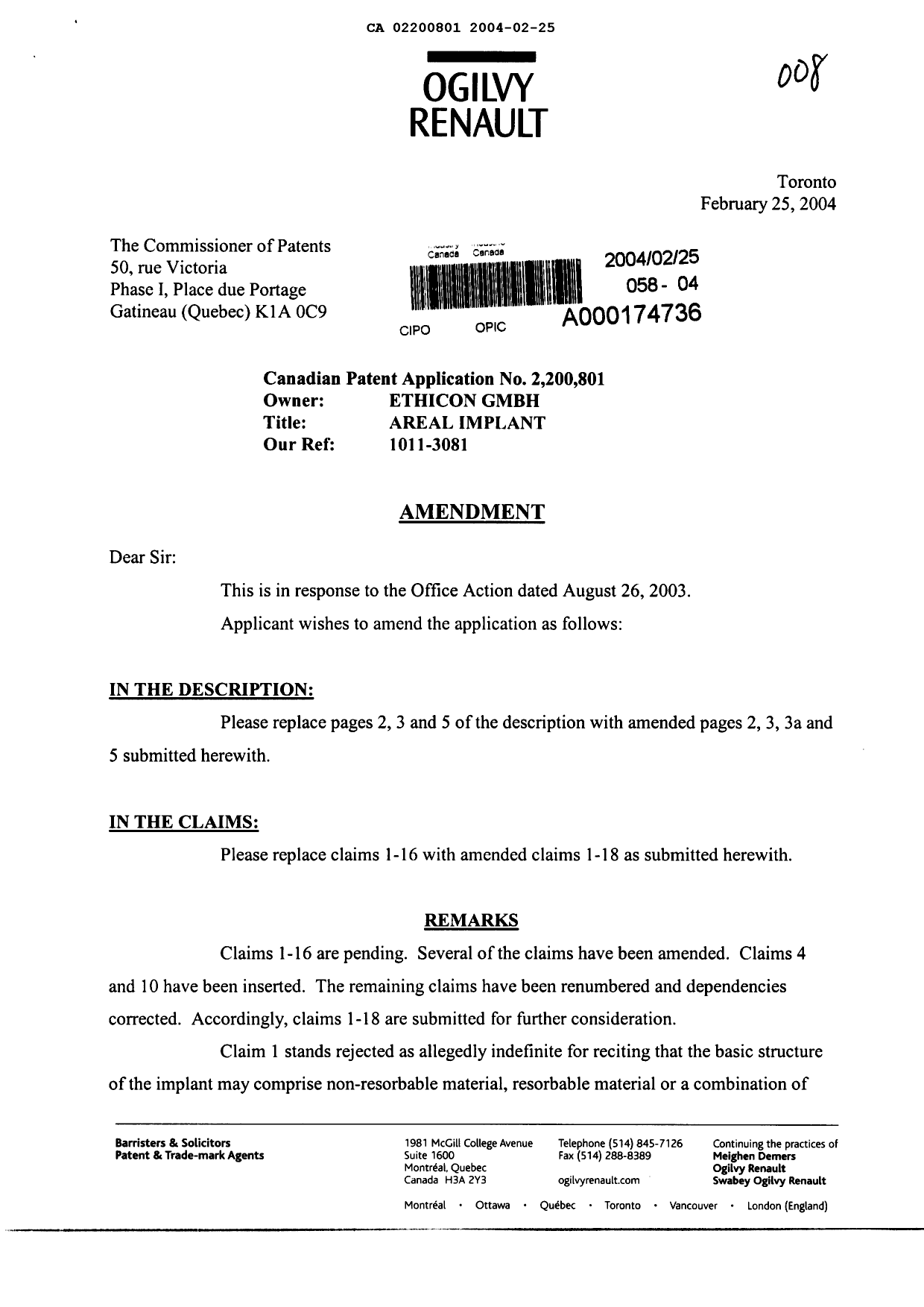 Canadian Patent Document 2200801. Prosecution-Amendment 20031225. Image 1 of 11