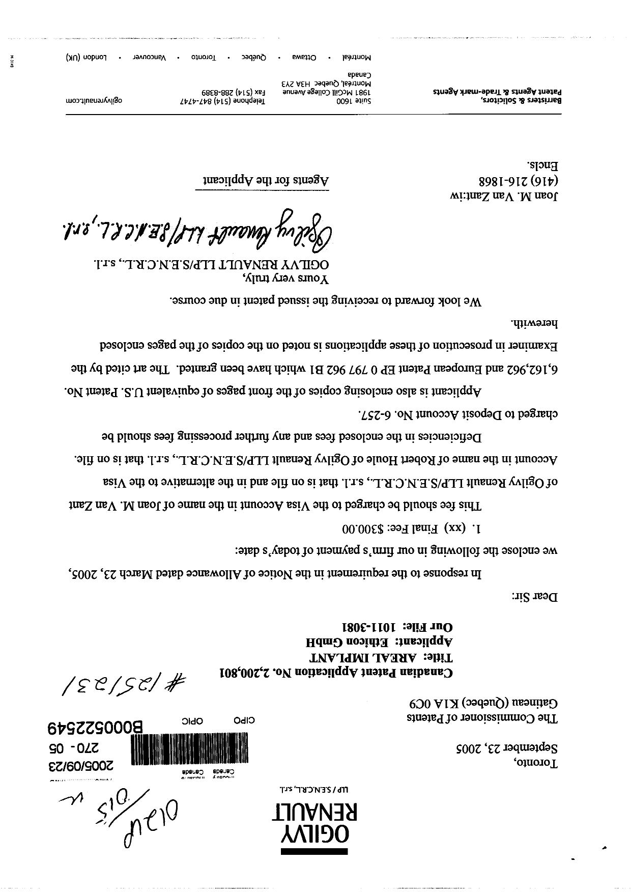 Canadian Patent Document 2200801. Prosecution-Amendment 20041223. Image 1 of 1