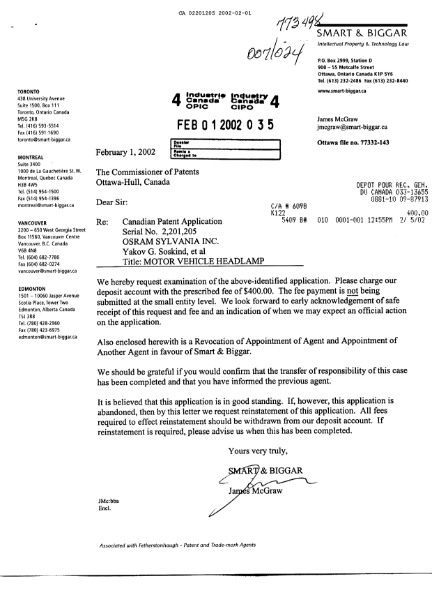 Document de brevet canadien 2201205. Poursuite-Amendment 20020201. Image 1 de 1