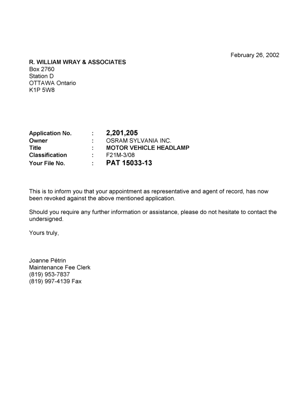 Document de brevet canadien 2201205. Correspondance 20020226. Image 1 de 1