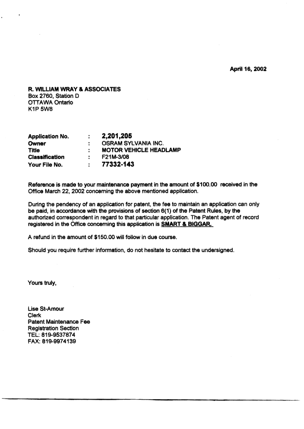 Document de brevet canadien 2201205. Correspondance 20020416. Image 1 de 2