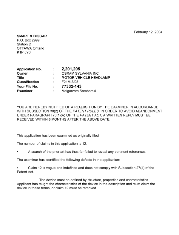 Canadian Patent Document 2201205. Prosecution-Amendment 20040212. Image 1 of 2