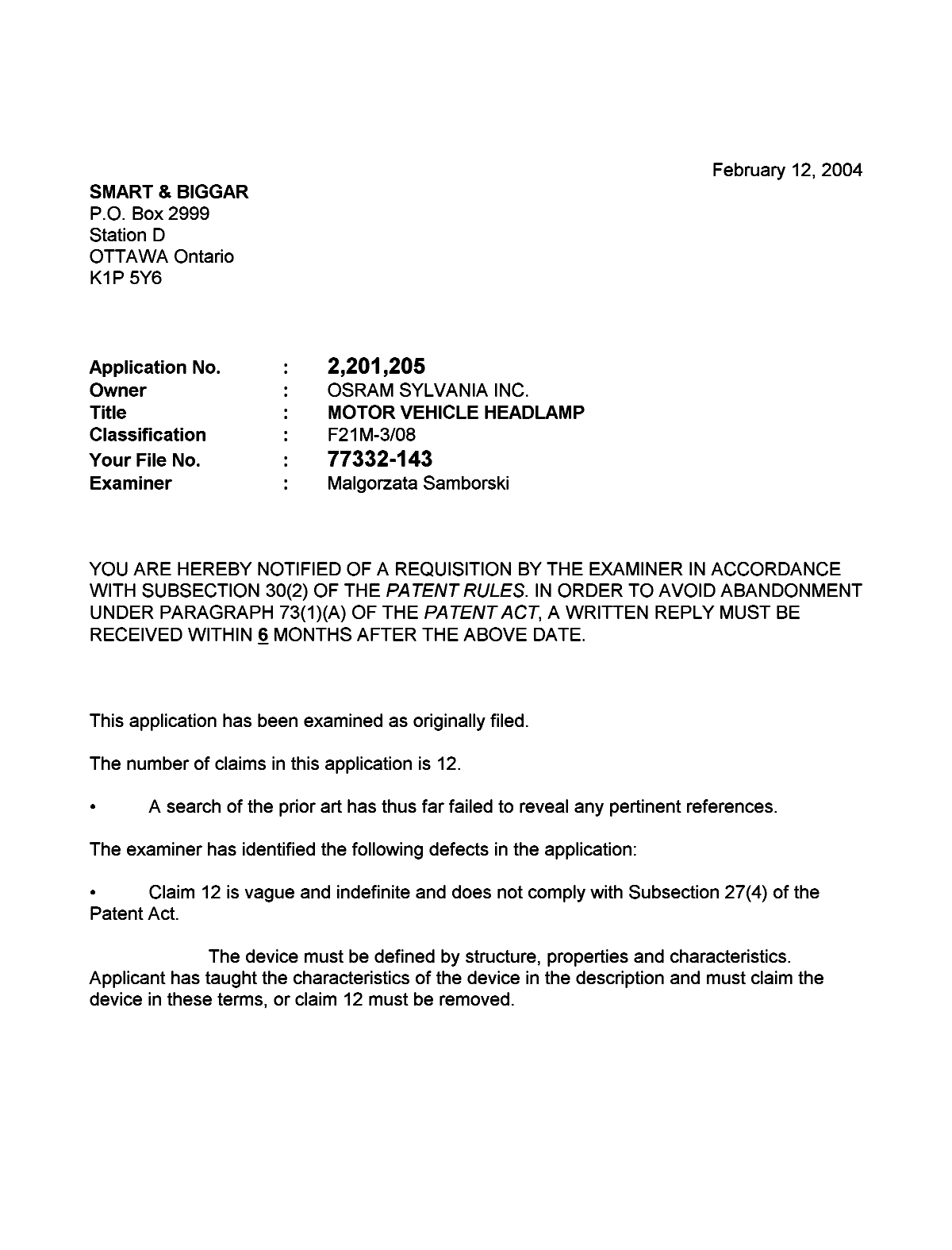 Canadian Patent Document 2201205. Prosecution-Amendment 20040212. Image 1 of 2