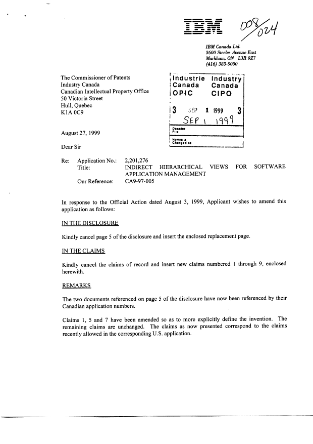 Canadian Patent Document 2201276. Correspondence 19981201. Image 1 of 3