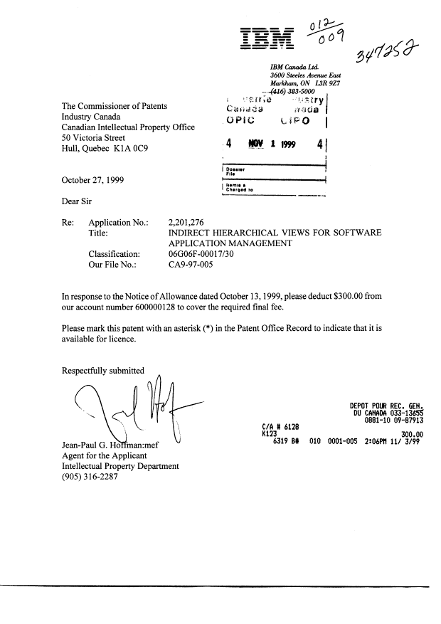 Document de brevet canadien 2201276. Correspondance 19991101. Image 1 de 1