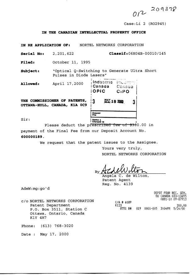 Canadian Patent Document 2201622. Correspondence 20000518. Image 1 of 1