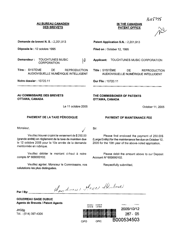 Document de brevet canadien 2201913. Taxes 20051012. Image 1 de 1