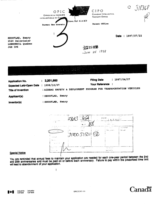 Document de brevet canadien 2201980. Taxes 19980625. Image 1 de 2