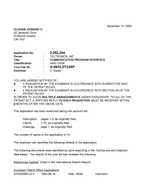 Canadian Patent Document 2202244. Prosecution-Amendment 20041213. Image 1 of 3