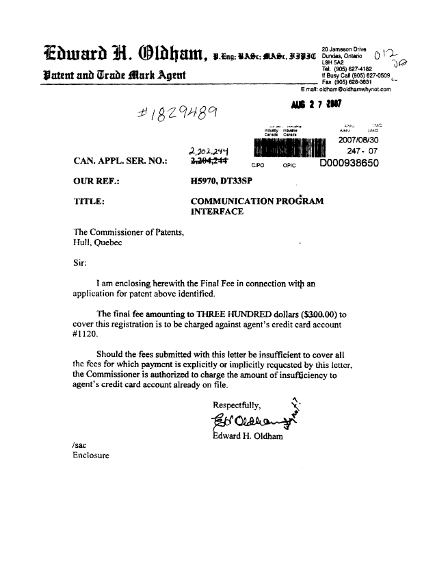 Canadian Patent Document 2202244. Correspondence 20070830. Image 1 of 1