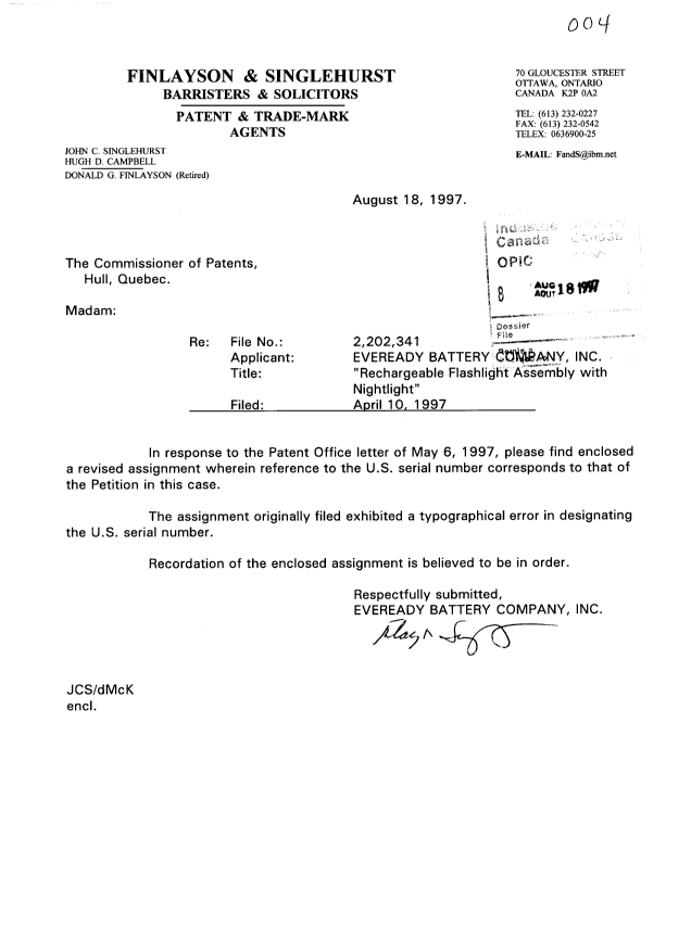 Document de brevet canadien 2202341. Cession 19970818. Image 1 de 3