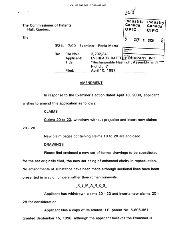Document de brevet canadien 2202341. Poursuite-Amendment 20000801. Image 1 de 12