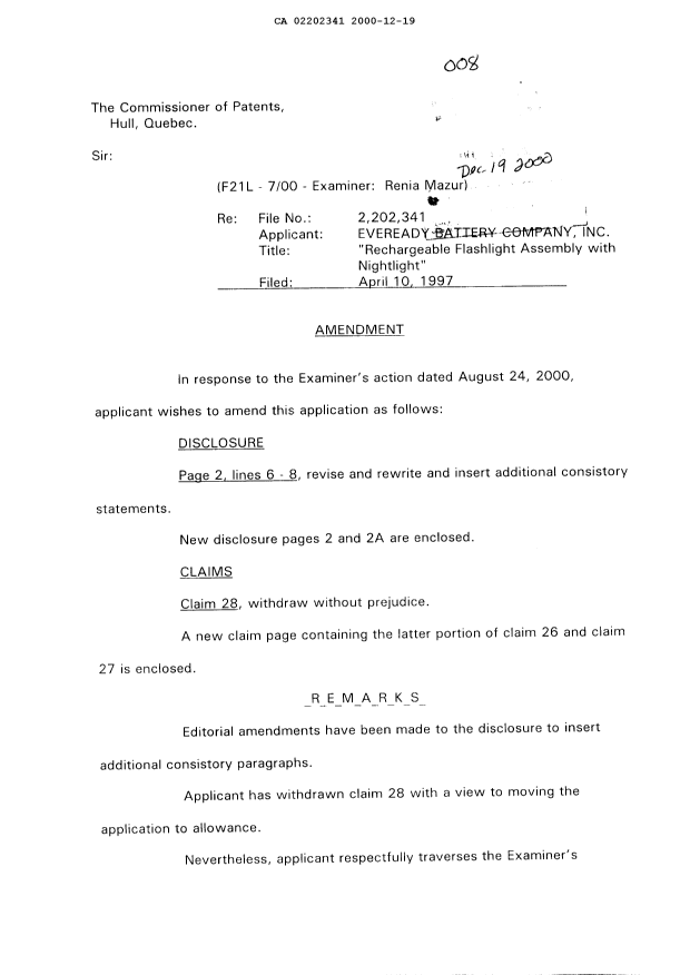 Document de brevet canadien 2202341. Poursuite-Amendment 20001219. Image 1 de 5