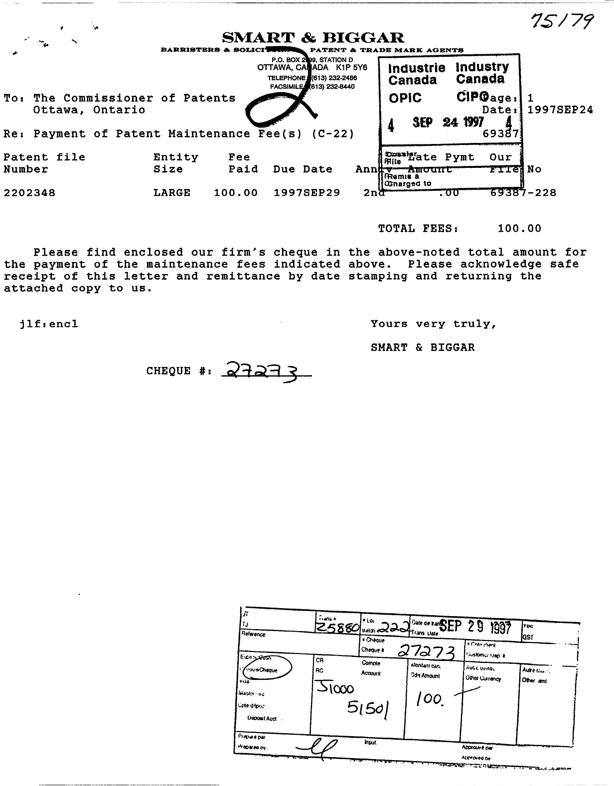 Canadian Patent Document 2202348. Fees 19970924. Image 1 of 1