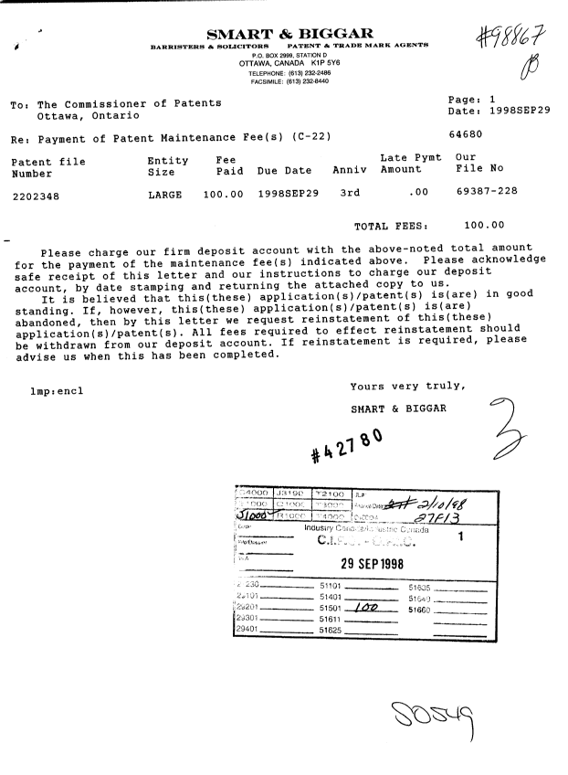 Document de brevet canadien 2202348. Taxes 19980929. Image 1 de 1