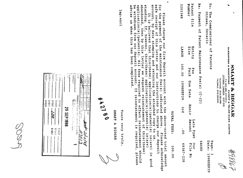 Canadian Patent Document 2202348. Fees 19980929. Image 1 of 1