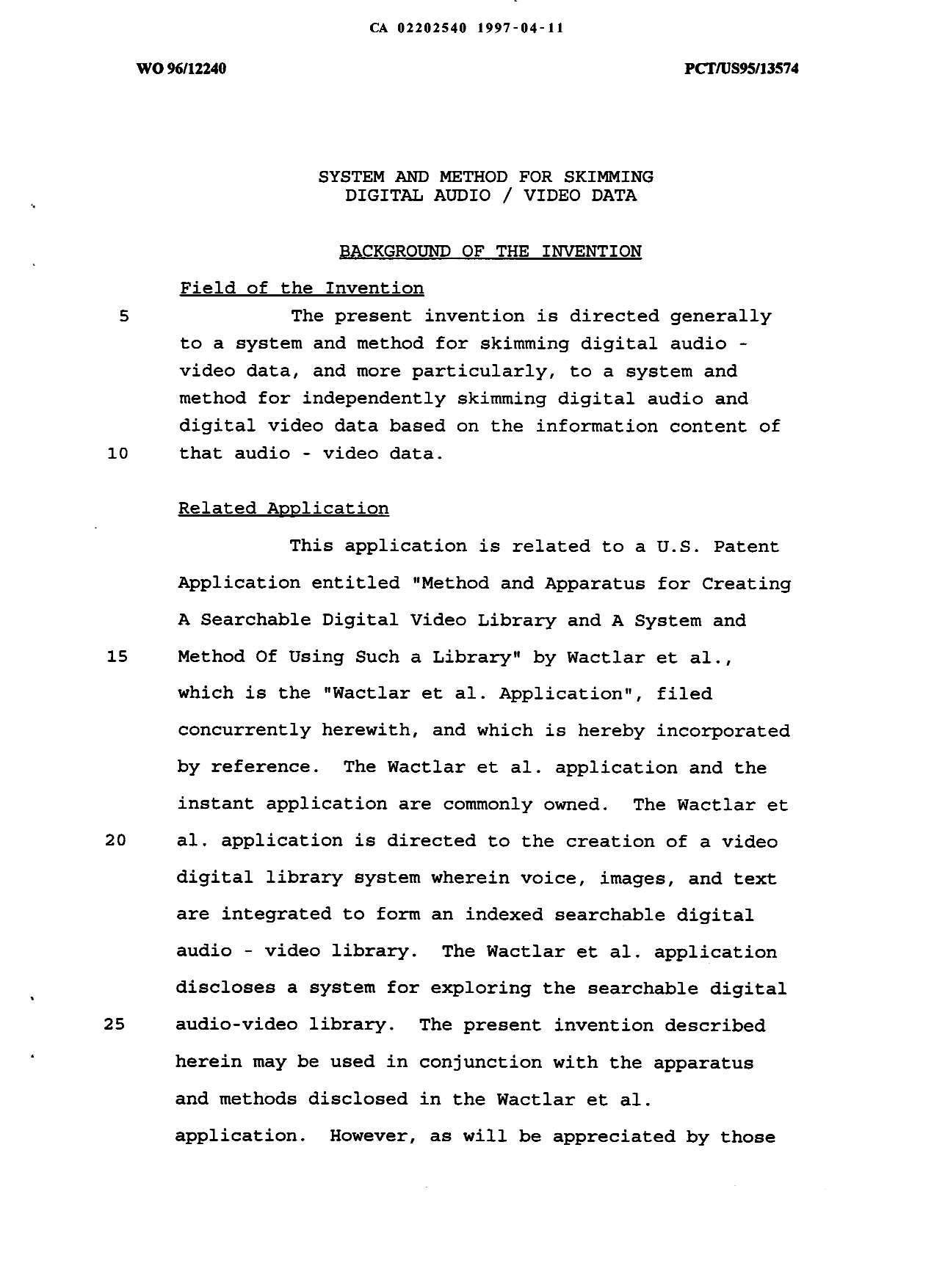 Canadian Patent Document 2202540. Description 19970411. Image 1 of 22