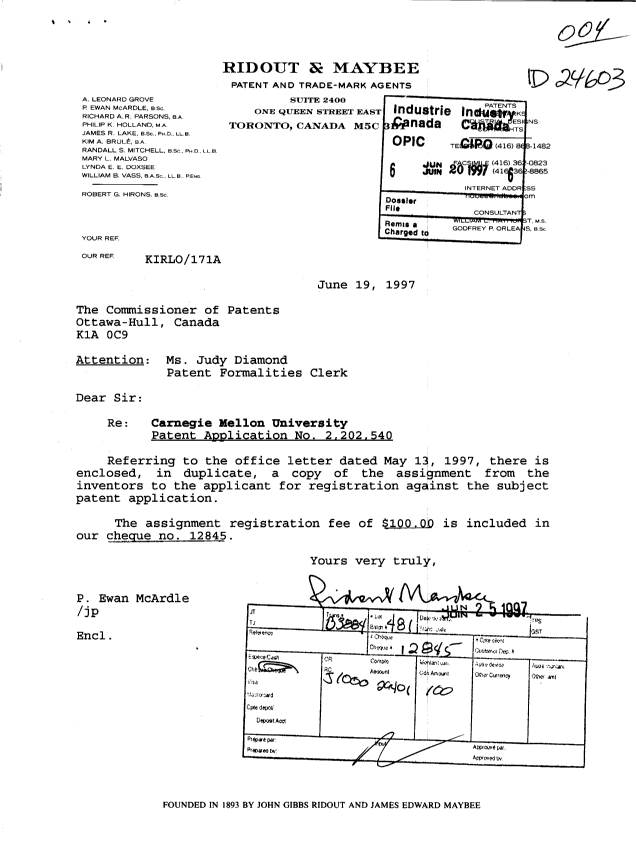 Document de brevet canadien 2202540. Cession 19970620. Image 1 de 7
