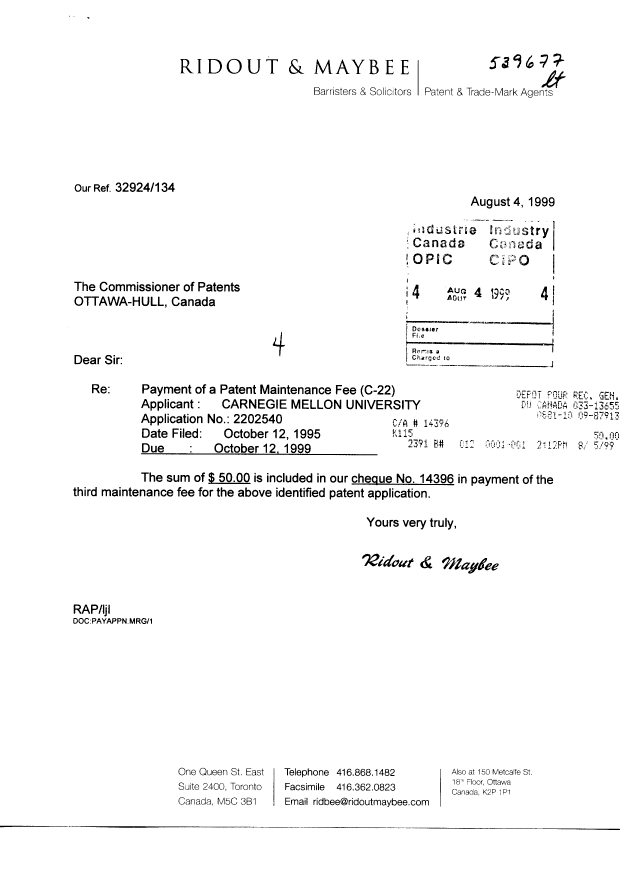 Document de brevet canadien 2202540. Taxes 19990804. Image 1 de 1