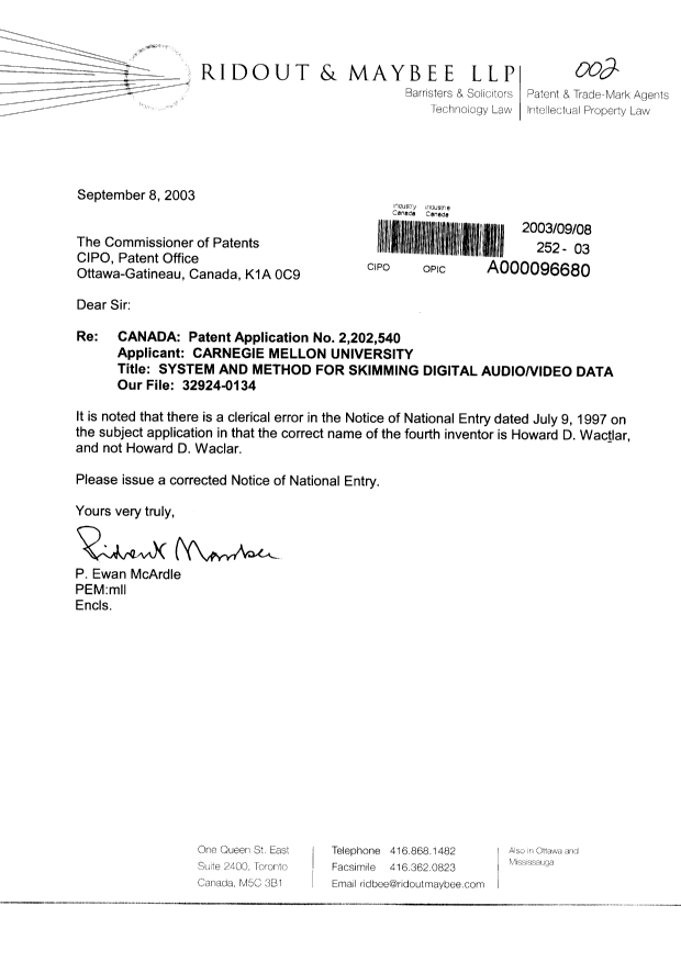 Document de brevet canadien 2202540. Correspondance 20030908. Image 1 de 1