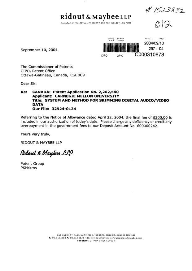 Document de brevet canadien 2202540. Correspondance 20040910. Image 1 de 1