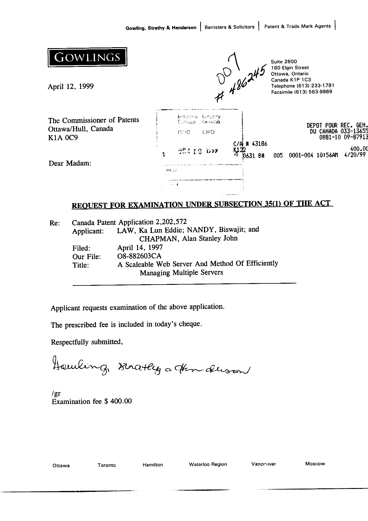 Canadian Patent Document 2202572. Prosecution-Amendment 19990412. Image 1 of 1