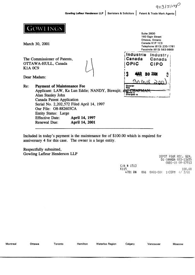 Document de brevet canadien 2202572. Taxes 20010330. Image 1 de 1
