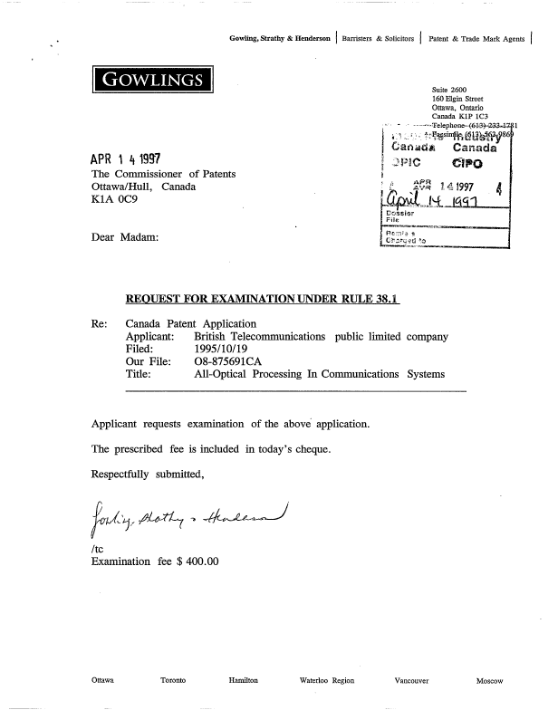 Document de brevet canadien 2202660. Cession 19970414. Image 1 de 4
