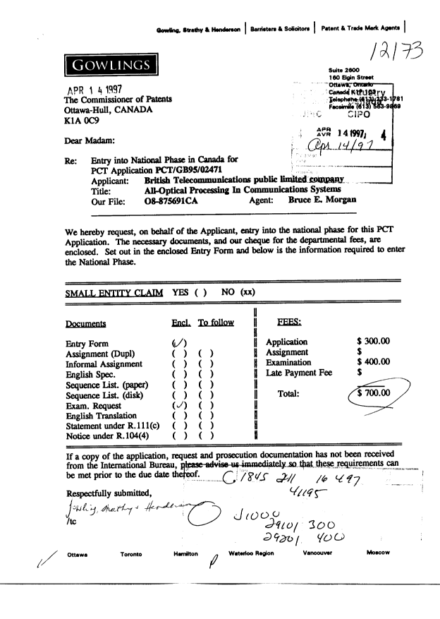 Document de brevet canadien 2202660. Cession 19970414. Image 1 de 8