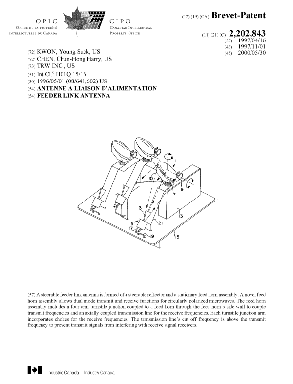 Canadian Patent Document 2202843. Cover Page 20000504. Image 1 of 1