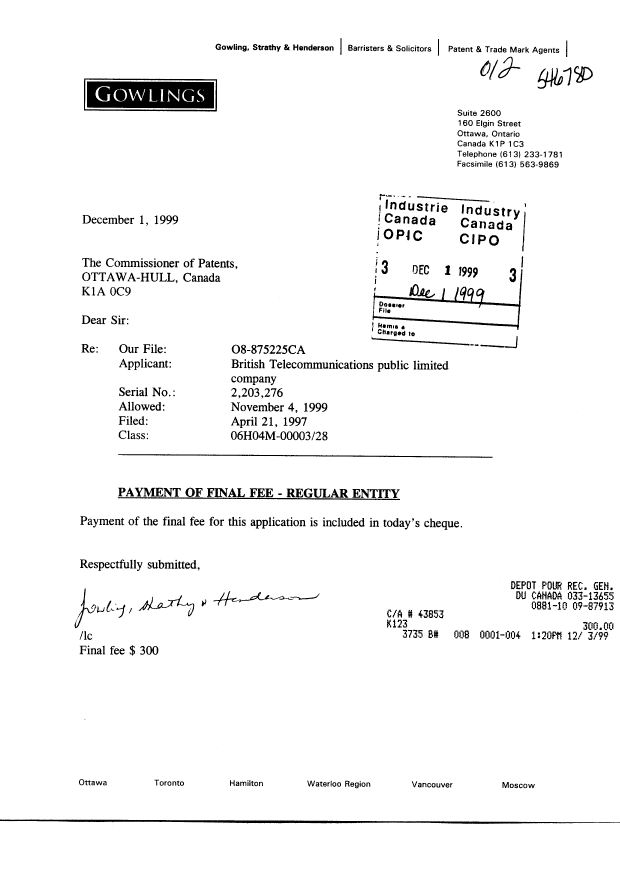 Canadian Patent Document 2203276. Correspondence 19991201. Image 1 of 1