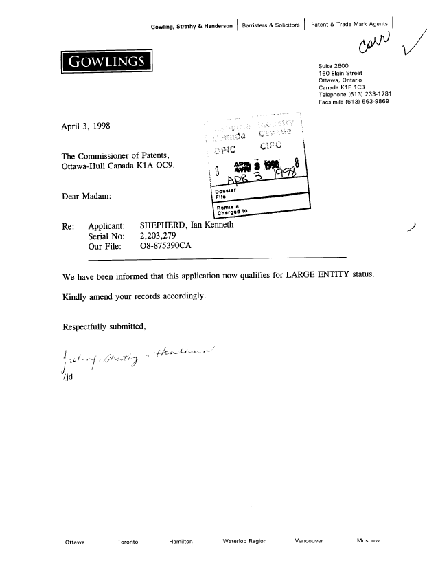 Canadian Patent Document 2203279. Correspondence 19971203. Image 1 of 1