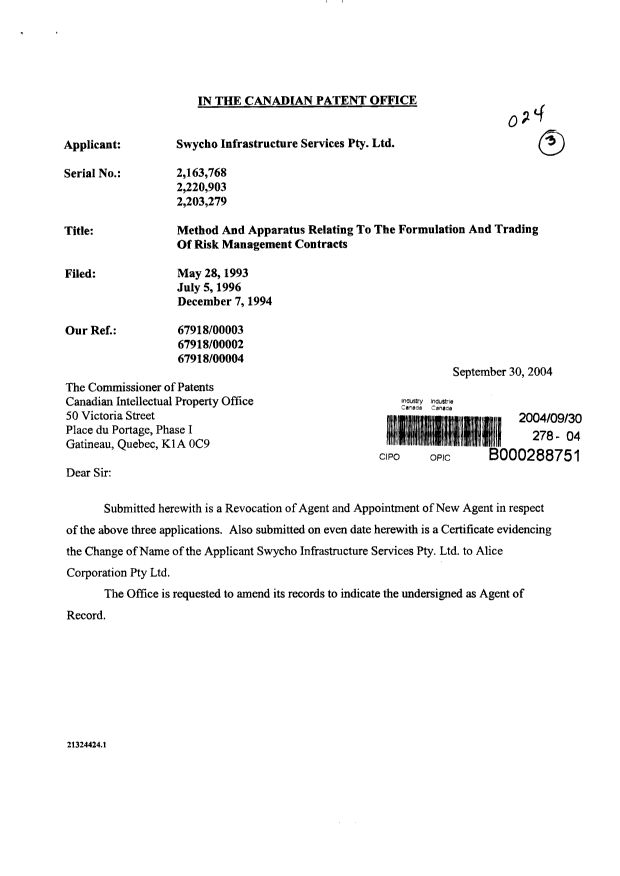 Canadian Patent Document 2203279. Correspondence 20031230. Image 1 of 4