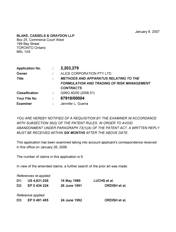 Canadian Patent Document 2203279. Prosecution-Amendment 20061208. Image 1 of 10
