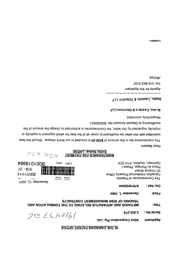 Canadian Patent Document 2203279. Fees 20061213. Image 1 of 1