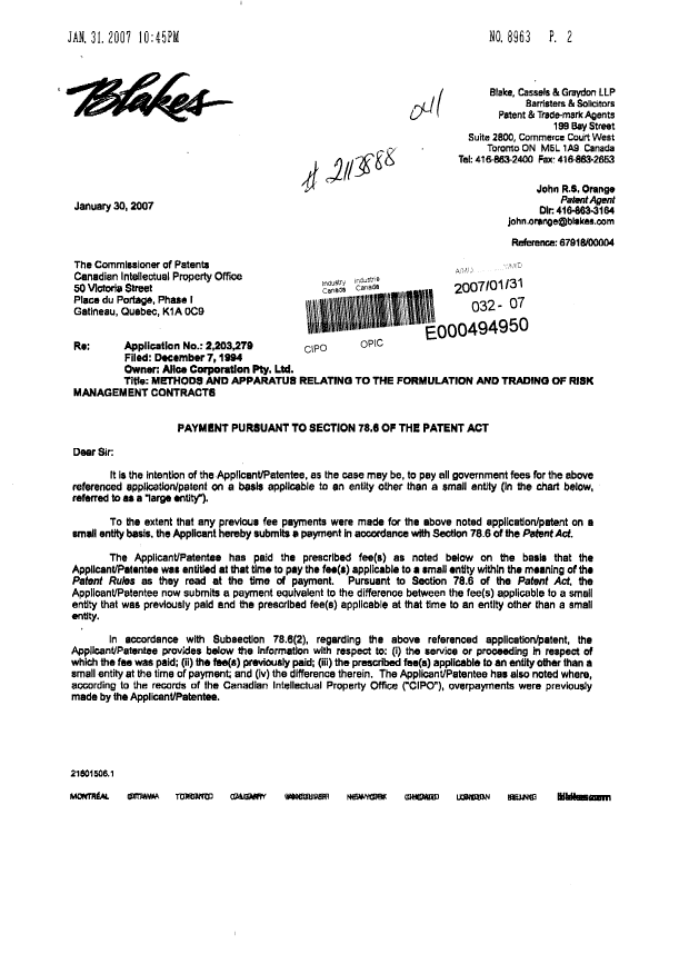 Canadian Patent Document 2203279. Prosecution-Amendment 20061231. Image 1 of 2