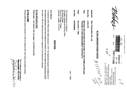 Canadian Patent Document 2203279. Prosecution-Amendment 20071207. Image 1 of 16